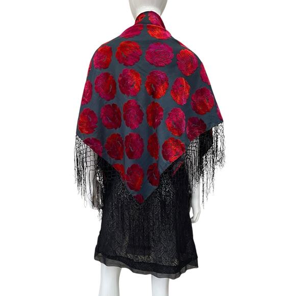 Vintage 90’s/Y2K Burnout Velvet Fringed Floral Piano Shawl - Picture 5 of 9